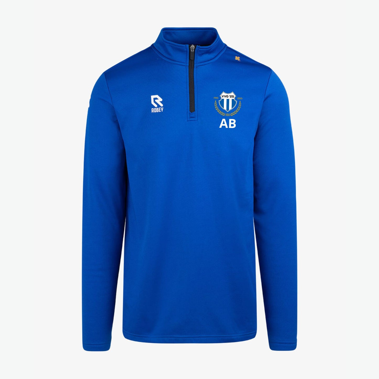 VVG blauwe half zip-hoodie, perfect voor koude winterdagen en als inloop hoodie voor voetballers, biedt warmte en comfort tijdens trainingen.