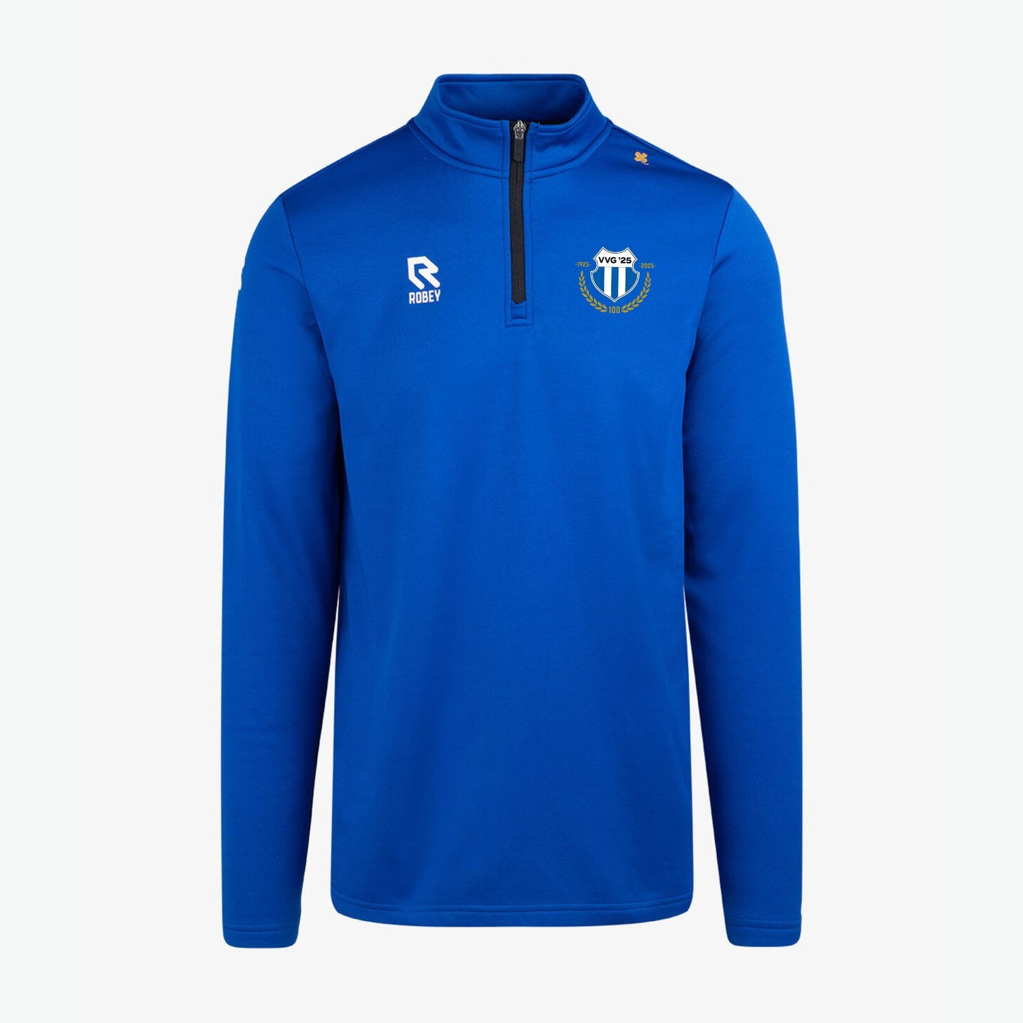 VVG blauwe half zip-hoodie, perfect voor koude winterdagen en als inloop hoodie voor voetballers, biedt warmte en comfort tijdens trainingen.
