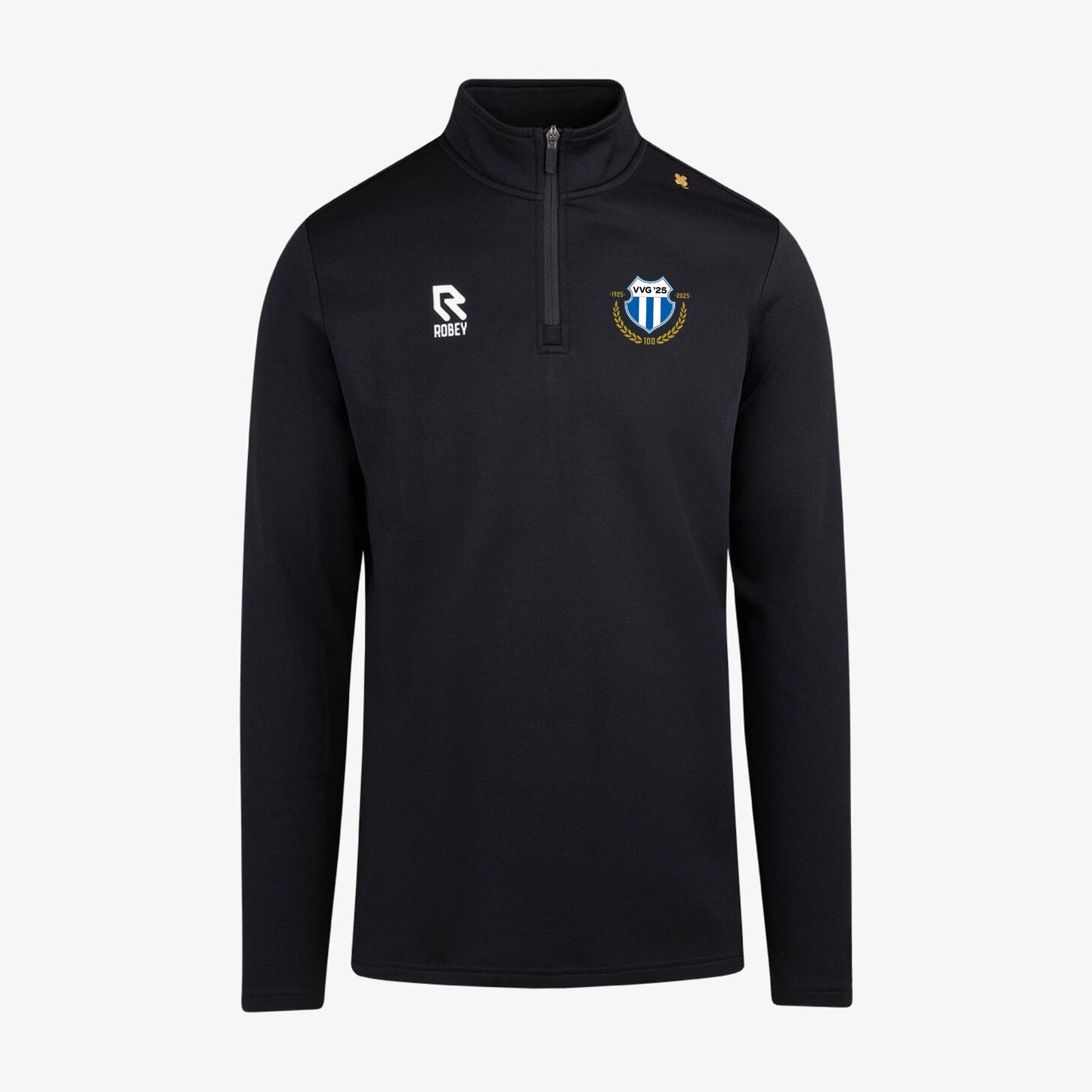 VVG zwarte half zip-hoodie, ideaal voor koude winterdagen en als inloop hoodie voor voetballers, biedt comfort en warmte tijdens trainingen.
